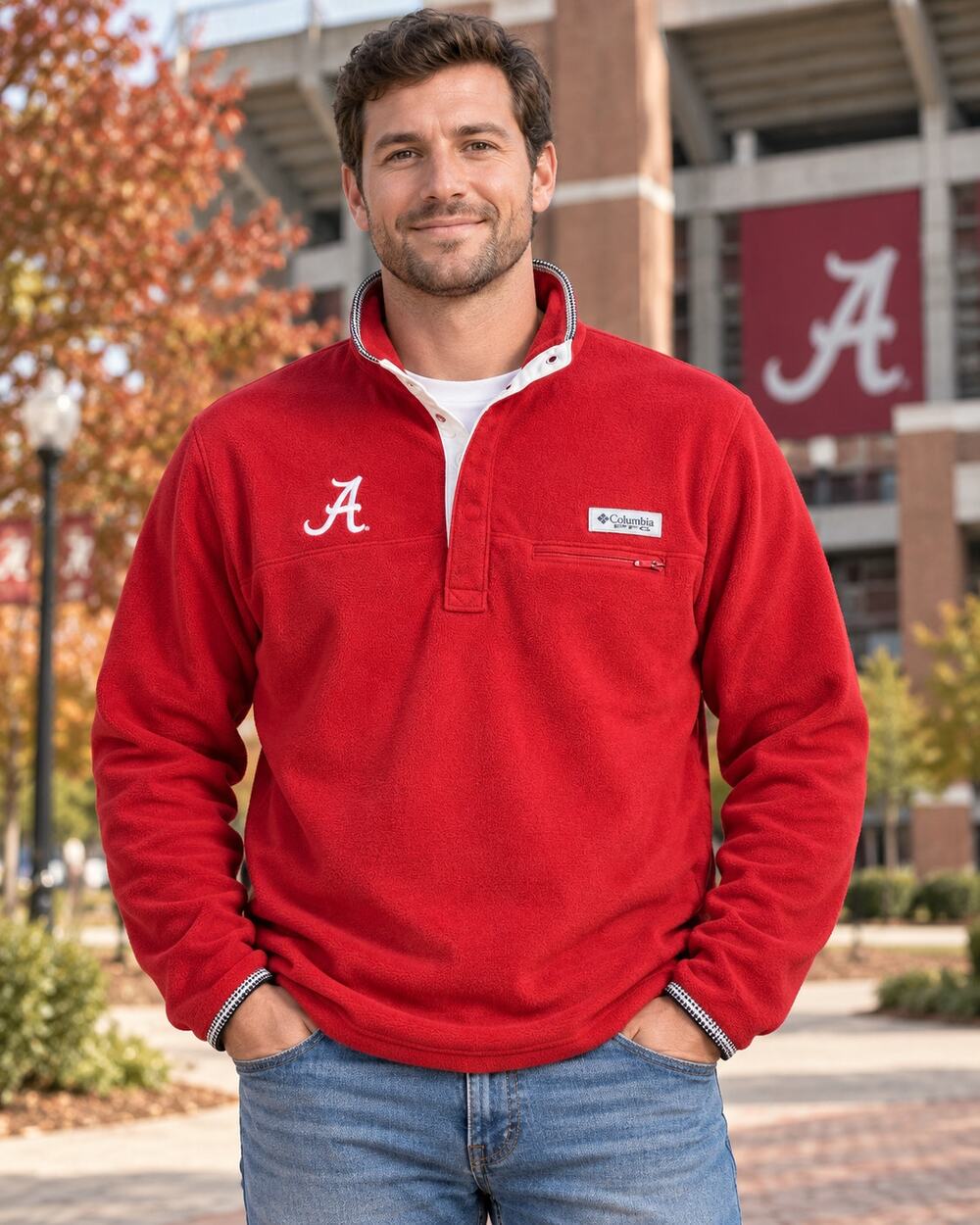 Columbia PFG Alabama Crimson Tide Harborside Fleece Pullover Men's XL Red